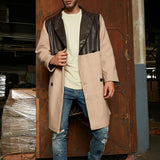 Autumn New Stylish Men's Spliced Leather Woolen Trench Trendy Cool Casual Luxury Long Coat Windbreaker Clothes