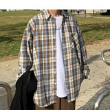 Foesce Mens Harajuku Plaid Vintage Shirts Man Japanese Streetwear Pockets Shirts Long Sleeve Male Casual Button Up Shirt