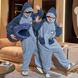 Winter Couple Pajamas Jumpsuits Women Men Warm Thicken Cartoon Shark Kawaii Sleepwear One-Pieces Lovers Pyjamas Hoodie