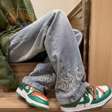 Men's Retro Embroidery Flame Jeans Neutral Wide Leg Denim Trousers Loose Straight  Man Jeans Pants Boy Casual Baggy Hip Hop