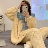 Warm Winter Flannel 2 Piece Set Women's Pajamas Thick Coral Fleece Long Sleeves Homewear Cute Bear Lapel Bow Female Sleepwear