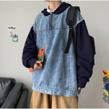 Long Sleeve Hooded Sweater Spliced Jean Jacket Men Loose Fashion Patchwork Casual Autumn Hoodies Pullovers Hoody Coat Harajuku