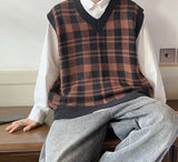 Foesce Plaid Retro Sweater Vest Men Japanese Design Autumn All-match Preppy Stylish Unisex Clothes Harajuku Fashion Knitting Streetwear