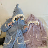 Foesce Women's Winter Pajamas Cartoon Home Clothes Kawaii Shark Pijamas Coral Fleece Home Suit Pyjamas Blue Purple Loungewear