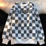 Foesce Retro Hip-hop T-shirt Checkerboard Plaid O-neck Fleece Sweatshirt for Men Women in Autumn Winter Korean Loose Thickened Jacket