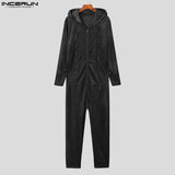 Men Pajamas Jumpsuits Velour Solid Hooded Long Sleeve Zipper Rompers Homewear Pockets Leisure Men SleepwearS-5XL 7