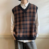 Foesce Plaid Retro Sweater Vest Men Japanese Design Autumn All-match Preppy Stylish Unisex Clothes Harajuku Fashion Knitting Streetwear