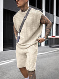 Foesce Streetwear Summer Men Fashion Outfits Knitted Solid Color Loose Two Piece Sets Mens Casual O Neck Pullover And Shorts Suits