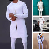 Foesce Men Dashiki Long Sleeve Shirt White Trouser Set Mens 2 Pieces Outfit Suit Traditional Male Clothes T-shirt Pant Suits For Men