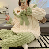 Warm Winter Flannel 2 Piece Set Women's Pajamas Thick Coral Fleece Long Sleeves Homewear Cute Bear Lapel Bow Female Sleepwear