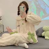 Warm Winter Flannel 2 Piece Set Women's Pajamas Thick Coral Fleece Long Sleeves Homewear Cute Bear Lapel Bow Female Sleepwear