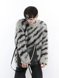 Foesce Niche Irregular Color Contrast Zebra Print Round Neck Men Sweater Loose Mohair Sweater Trend High Male Pullover