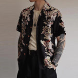 Foesce Fashion Floral Printed Short Sleeve Shirts Men Spring Summer Casual Loose Turn-down Collar Buttoned Cardigan Shirt Men's Clothes