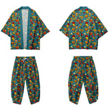 2PCS Men Print Mushroom Robe Sets Summer Rayon Pajamas Suit Cardigan Kimono Lagre Size Sleepwear Pant Casual Home Clothes