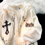 Foesce Vintage Angel Ears Hoodie Women Letter Embroidery Zipper Hooded Sweatshirt Harajuku Gothic Oversized Jacket Coats Y2k Streetwear