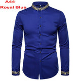 Foesce Men's Royal Blue Dress Shirts Brand Banded Mandarin Collar Shirt Male Long Sleeve Casual Button Down Shirt with Pocket 2XL