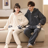 Foesce- Couple Pajamas Sets Warm Thick Flannel Sleepwear Plush Winter Zipper Pajama Sets Cartoon Cat Hoodies Female Male Lovers Pyjamas