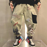 Boys KidsTrendy Letter Design Ribbon Trousers Pants Casual Cotton Multi-Pocket Cargo Pants Boy Hip Hop