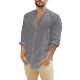 Cotton Linen Hot Sale Men's Long-Sleeved Shirts Summer Solid Color  Stand-Up Collar Casual Beach Style Plus Size