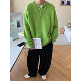 Winter New Solid Color Round Neck Pullover Green Sweater Men Korean Clothes Loose Casual Button Knitted Sweater Bottoming Shirt