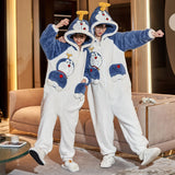 Winter Couple Pajamas Jumpsuits Women Men Warm Thicken Cartoon Shark Kawaii Sleepwear One-Pieces Lovers Pyjamas Hoodie