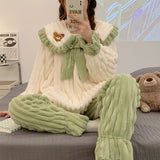 Warm Winter Flannel 2 Piece Set Women's Pajamas Thick Coral Fleece Long Sleeves Homewear Cute Bear Lapel Bow Female Sleepwear