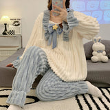 Warm Winter Flannel 2 Piece Set Women's Pajamas Thick Coral Fleece Long Sleeves Homewear Cute Bear Lapel Bow Female Sleepwear