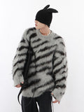 Foesce Niche Irregular Color Contrast Zebra Print Round Neck Men Sweater Loose Mohair Sweater Trend High Male Pullover