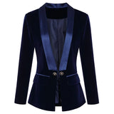 Foesce Dark Blue Black Blazer Women Spring Autumn Long Sleeve Velvet Coats Shawl Collar Single Button Blazers Women Jacket Coat Female