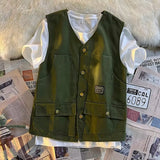 Sweater Vest Men Cargo Spring Retro Sleeveless Outwear All-match M-3XL Army Green V-neck Single Breasted Clothing Handsome Male