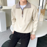 Autumn New Knitted Sweater Men Business Casual Patchwork Polo Lapel Zipper Sweater Harajuku Mens Loose Japanese Pullove