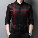 Foesce  New Shirt Wrinkle resistant and Iron free Men's Long Sleeve Luxurious and Comfortable Lapel Slim Spring and Autumn Plaid Print