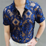 Green High Quality Transparent Floral Shirt Soft Velvet Slim-fit Men's Clothing Nightclub Short-sleeved Sexy Shirt See Through