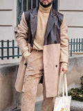 Autumn New Stylish Men's Spliced Leather Woolen Trench Trendy Cool Casual Luxury Long Coat Windbreaker Clothes