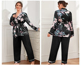 Foesce 5xl Large Size Satin Women's Cardigan Printed Robe with Long Trouser Pajamas Set Loose Conjuntos Feminino Elegante Ladies Suits