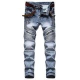 High Quality Men Casual Jeans Coated Straight Pleated Biker Jeans Male Motorcycle Denim Pants Vaqueros Hombre Plus Size