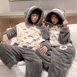 Foesce Winter Thicken Women Men Couple Pajamas Jumpsuits Cartoon Cat Kawaii Sleepwear Onesie Lover Pyjamas Hoodie Coral Fleece