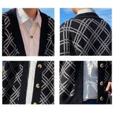 Foesce Men Sweater Cardigans Spring Autumn Fashion Argyle Print Tops Single-breasted V-neck Sweaters Tops