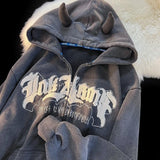 Foesce Vintage Angel Ears Hoodie Women Letter Embroidery Zipper Hooded Sweatshirt Harajuku Gothic Oversized Jacket Coats Y2k Streetwear