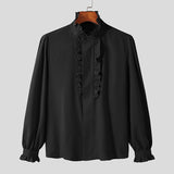 Fashion Men Shirt Stand Collar Solid Color Long Sleeve Ruffle Casual Men Clothing Streetwear Elegant Camisas S-5XL