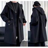 Men's Fashion Trench Coat Black Windbreaker Man Hooded Coats Loose Long Coats Wild Spring Autumn Hoodies Tops