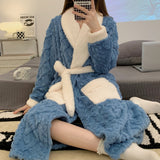 Women Long Thermal Jacquard Flannel Bathrobe With Belt Winter Warm Coral Velvet Bath Robe Soft Dressing Gown Female Sleepwear