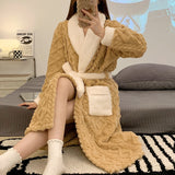 Women Long Thermal Jacquard Flannel Bathrobe With Belt Winter Warm Coral Velvet Bath Robe Soft Dressing Gown Female Sleepwear