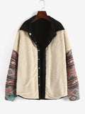 Fleece Lined Ethnic Aztec Printed Corduroy Shacket Women Drop Shoulder Button Up Shirt Jacket Autumn Casual Outerwear