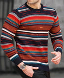 Spring and Autumn Men's New Loose Crewneck Sweater Waffle Digital Printing Colorful Striped Casual Sweater