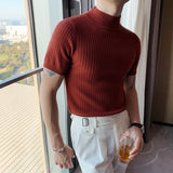 Foesce Men's Short Sleeve Knitted Clothing All Match Slim Fit Sweater Stretched High Collar Casual Homme Pullovers Bottomed Shirt