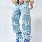 Simple Stylish Men Ripped Patch Hip Hop Loose Jeans Pants Streetwear Male Straight Denim Trousers