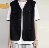 Men Vests Solid Button Down V Neck Sleeveless Loose Streetwear Male Waistcoats Korean Fashion Casual Vests S-5XL