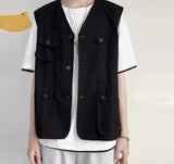 Men Vests Solid Button Down V Neck Sleeveless Loose Streetwear Male Waistcoats Korean Fashion Casual Vests S-5XL