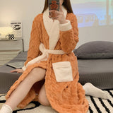 Women Long Thermal Jacquard Flannel Bathrobe With Belt Winter Warm Coral Velvet Bath Robe Soft Dressing Gown Female Sleepwear